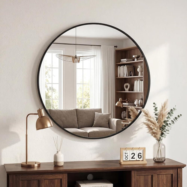 DUMOS 24 Inch Round Wall Mirror, Bathroom Mirrors for Over Sink, Matte Metal Framed Circle Vanity Mirror, Wall Decor for Bedroom, Entryway, Anti-Rust, Tempered Glass, Hanging or Leaning, Black