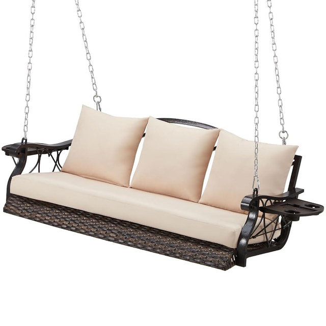 ZZW 3-Person Wicker Porch Swing Chair Heavy Duty 900 LBS Outdoor Rattan Patio Swing Chair w/Cup-Holder & Steel Chains Hanging Bench Porch Swing Cushions for Deck & Backyard & Garden