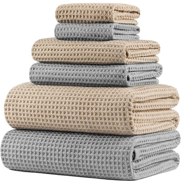 POLYTE Oversize, 60 x 30 in., Quick Dry Lint Free Microfiber Bath Towel Set, 6 Piece (Waffle Weave)