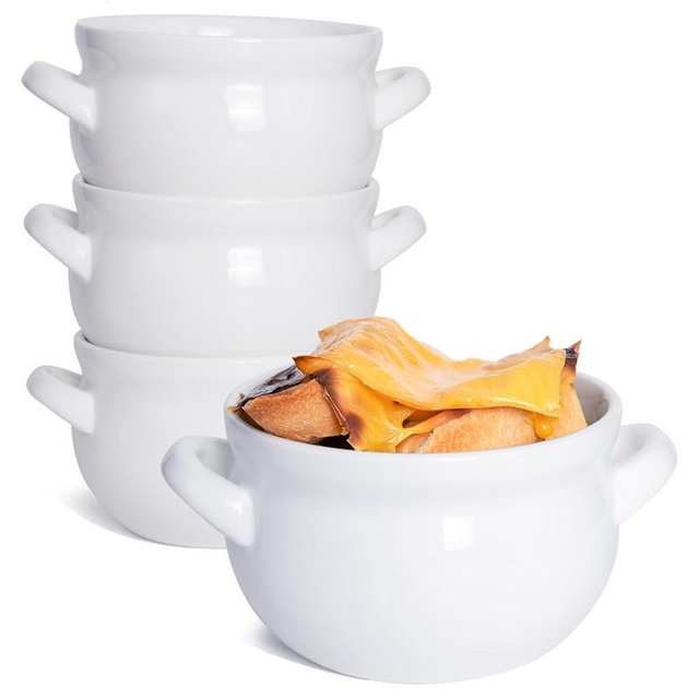 Vumdua French Onion Soup Bowls with Handles, 16 Oz Ceramic Soup Serving Bowl Crocks - Oven Safe Bowls for Chili, Beef Stew, Cereal, Pot Pies, Set of 4 (White)