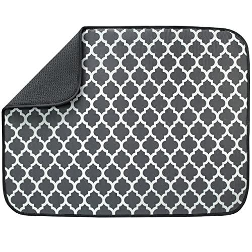 S&T INC. Absorbent, Reversible XL Microfiber Dish Drying Mat for Kitchen, 18 Inch x 24 Inch, Pewter Gray Trellis