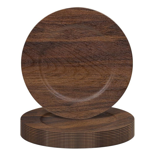 MAONAME Round Charger Plates Set of 12, 13 Inch Brown Charger for Dinner Plates, Farmhouse Faux Wood Plate Chargers, Rustic Table Chargers for Weddings, Party