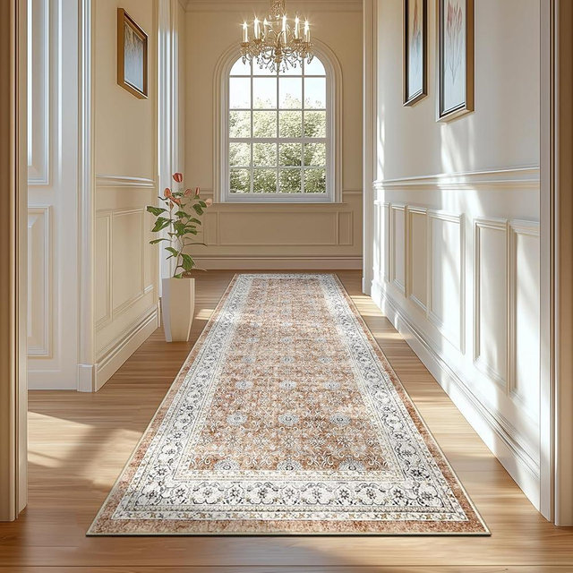 jinchan Hallway Runner Rug 3x8 - Machine Washable Orange Vintage Floral Distressed Design Soft Non-Slip Low-Pile Ultra-Thin Runner Rug for Kitchen Laundry Room Bedroom Farmhouse (3‘x8',Orange)