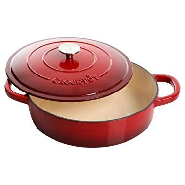 Crock Pot Artisan 5 Quart Round Enameled Cast Iron Braiser Pan with Lid, Scarlet Red