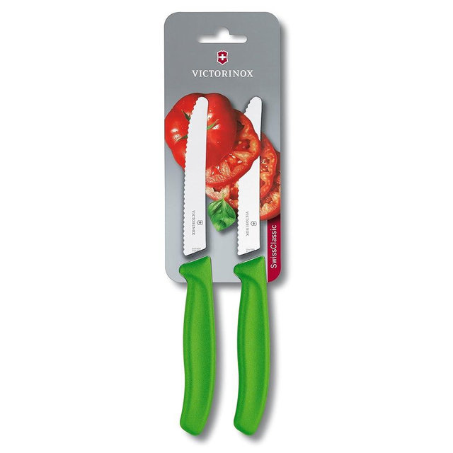 Victorinox Swiss Classic 2 Piece Utility Knife Set Wavy Edge Round Tip - Green