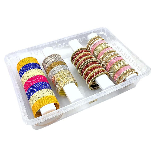 NMII Multipurpose Plastic Storage Box with 4 Adjustable Rods l Storing Box For Bangles, Chuda, Kada, Watches, Scrunchies I (Transparent_Big_4-Rod)