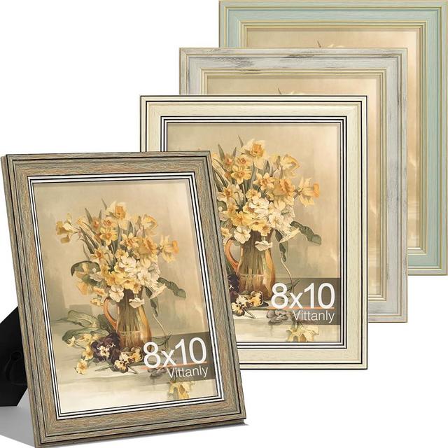 Vittanly 8x10 Retro Rustic Picture Frame Set of 4, Farmhouse Vintage Photo Frame for Wall or Tabletop, Display 5x7 Pictures with Mat or 8x10 without Mat, Multicolour