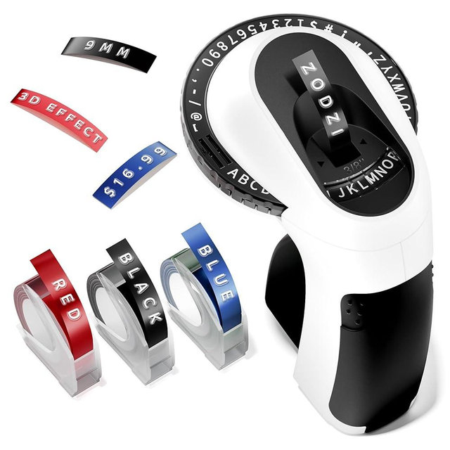 Zodzi Embossing Label Maker Machine with Tapes, Embosser Handheld Label Machine, Vintage Label Maker Embossed Labeler with 3 Rolls Emboss Tapes for Home DIY Crafting - Black