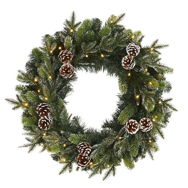 Snowed Pinecone Artificial Christmas Wreath with 35 Clear LED Lights, 24"