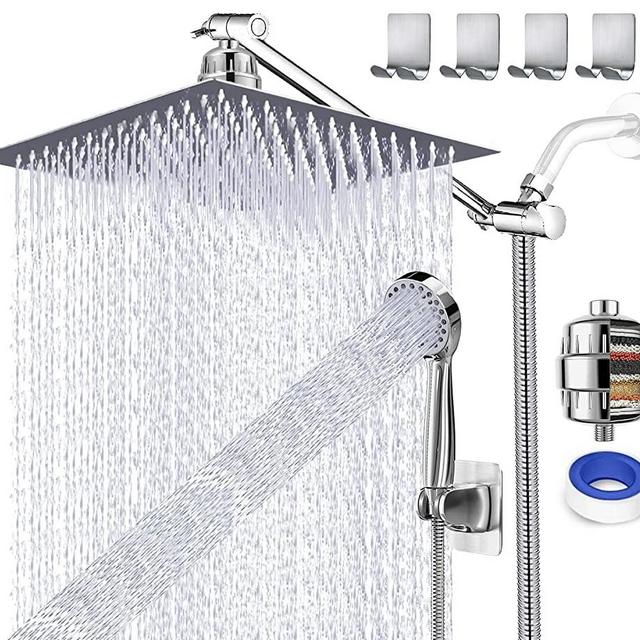 UPGRADED 12" Rain Shower Head with Handheld Spray Combo High Pressure Rainfall Shower head with 12" Extension Arm Free Shower Filter for Hard Water & Chlorine + Hose & 4 Hooks, Square Dual Shower Head