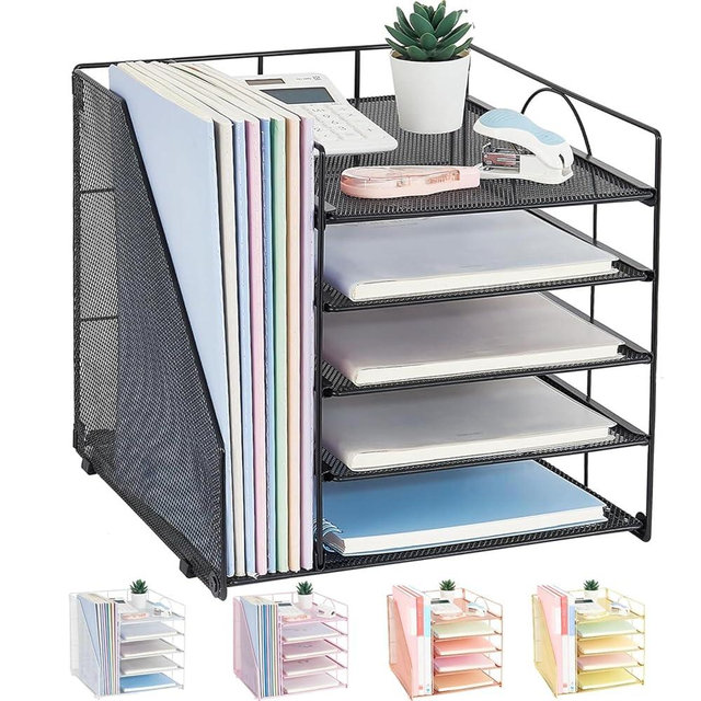 LEKETREE Desk Organizers and Accessories, 5-Tier Paper Letter Tray Organizer with File Holder, Desktop Organizer for Office Supplies, Office Desk Accessories & Workspace(Black)