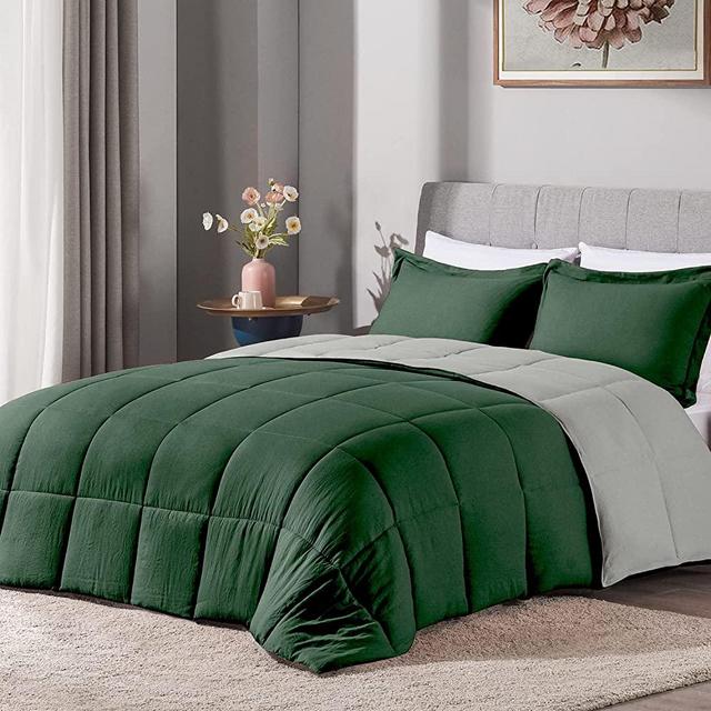LOVTEX 3PCS King Size Comforter Set - Ultra Soft Washed Microfiber Comforter Sets for King Size Bed - Reversible Down Alternative Comforter with 2 Pillow Shams(Emerald Green/Grey)