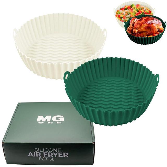 MG ONE 2-Pack Reusable Silicone Air Fryer Liners - Silicone Air Fryer Accessories - Silicone Air Fryer Basket, 8.5 inch Green+Beige Liners For 5 Qt or Bigger Air Fryer