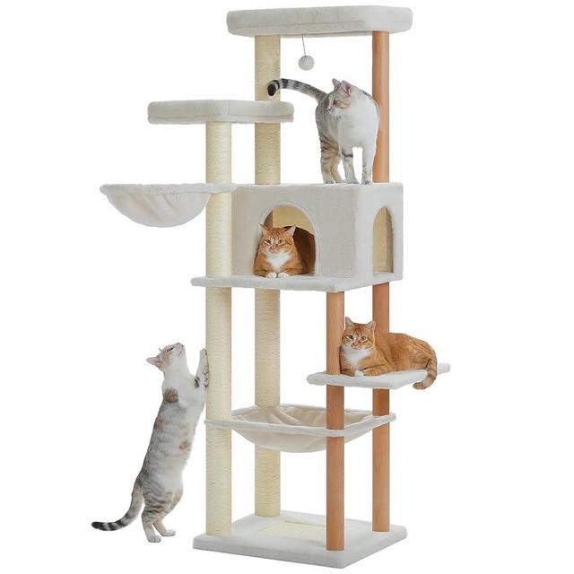 PAWZ Road Large Cat Tree, 73 Inches Tall Wooden Cat Tower with 2 Spacious Hammocks,2 Big Top Beds,8 Fully Scratching Posts and Natural Wood Posts, Multi Cat Tree for Indoor Cats Large Adult-XL