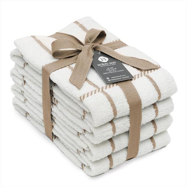 Mellow Buff 100% Cotton Terry Dish Towels, 4 Pack Checks, 16 x26 Inches, Super Soft and Absorbent Kitchen Towels, Perfect for Kitchen Cleaning and Dish Washing | Tan