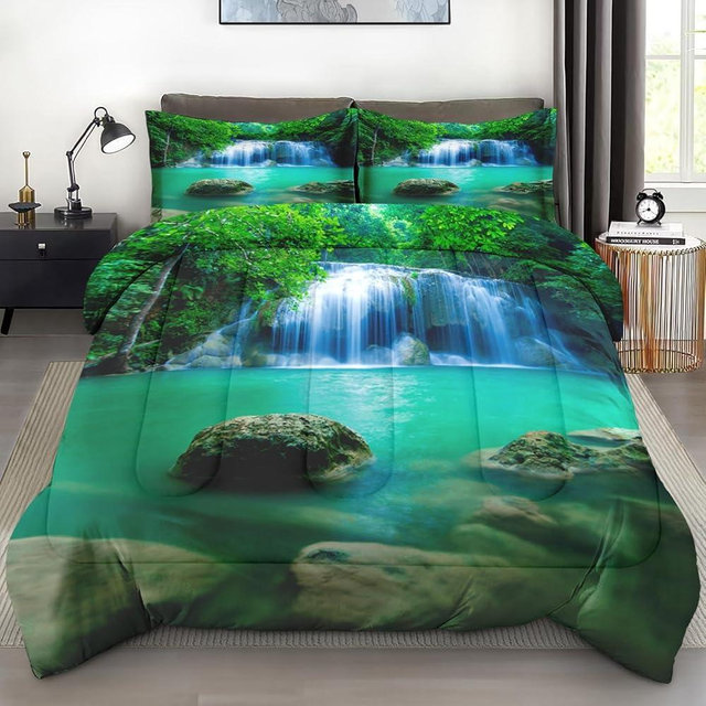 Pamnest Comforter Set King Size, Deep Waterfall Heaven Soft 3 Pcs Bedding for Kids and Adults, Tree Green Tropical Comforter Set with 2 Pillowcases for Bedroom Bed Decor