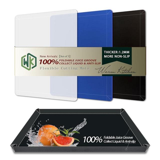 WK Flexible Plastic Cutting Boards Mats with Lip, Foldable Cutting Board for Kitchen Set of 3, Cutting Board for Meat, Nonslip Cutting Mats, BPA Free, Dishwasher Safe, Multi Colors