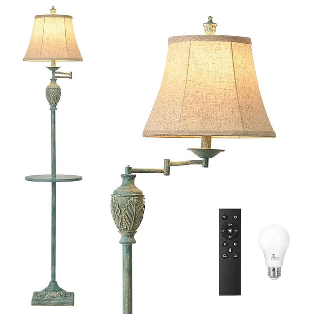 Traditional LED Floor Lamp with 350° Adjustable Swing Arm Lamp – Vintage Standing Pole lamp for Living Room, Bedroom and Office – Rustic Upright Floor Light for Home Décor with Silk Fabric Shade