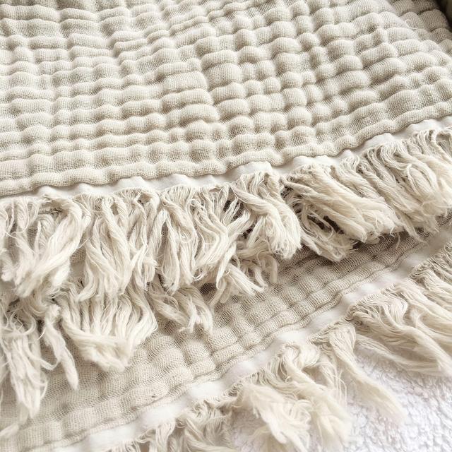 100% Organic Muslin Cotton Throw Blanket for Couch Adults, 4-Layer Plant Dyed Yarn, Soft Breathable Warm Cozy, Lightweight Bed Blanket, Everyday Use, All Season (55"x60" Pale Khaki/Tan)