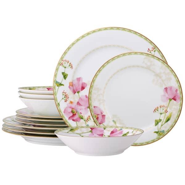 Poppy Place 12-Piece White and Pink Porcelain Dinnerware Set (Service for 4)