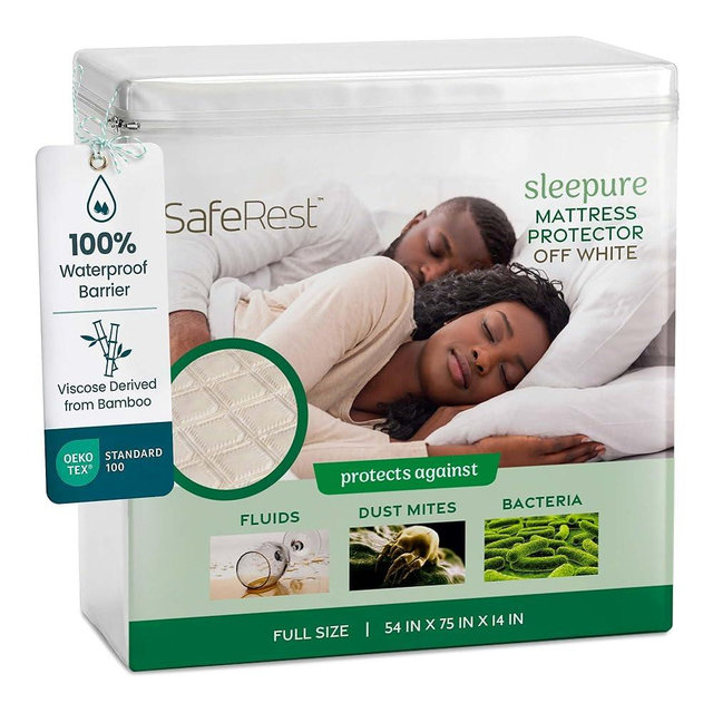 SafeRest Sleepure Waterproof Mattress Protector Full Size - Viscose Derived from Bamboo - Fitted with Stretchable Pockets - Machine Washable Cotton Full Mattress Cover for Bed