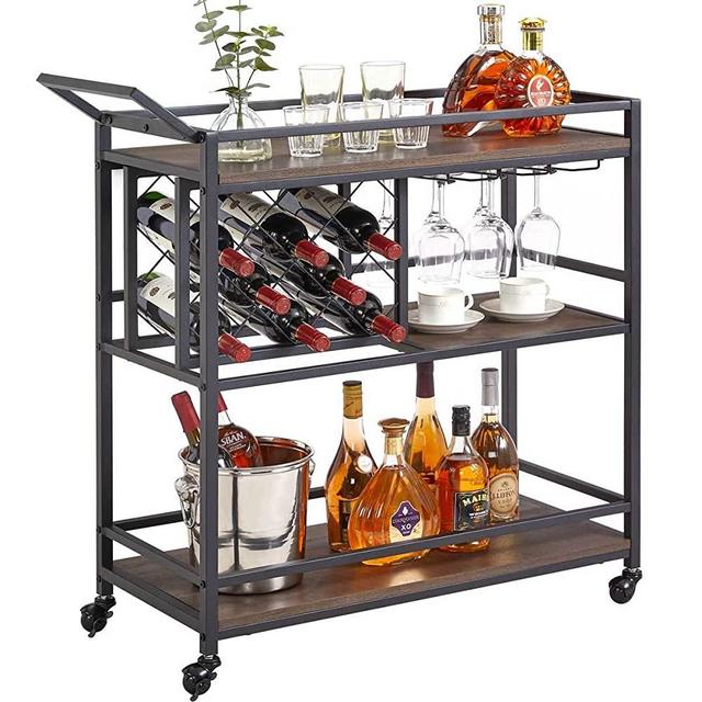 FATORRI Bar Cart for The Home with Wine Rack and Glasses Holder, Industrial Liquor Serving Carts on Wheels, Rustic Wood and Metal Coffee Cart and Drink Trolley for Dining Room, Kitchen (Walnut Brown)