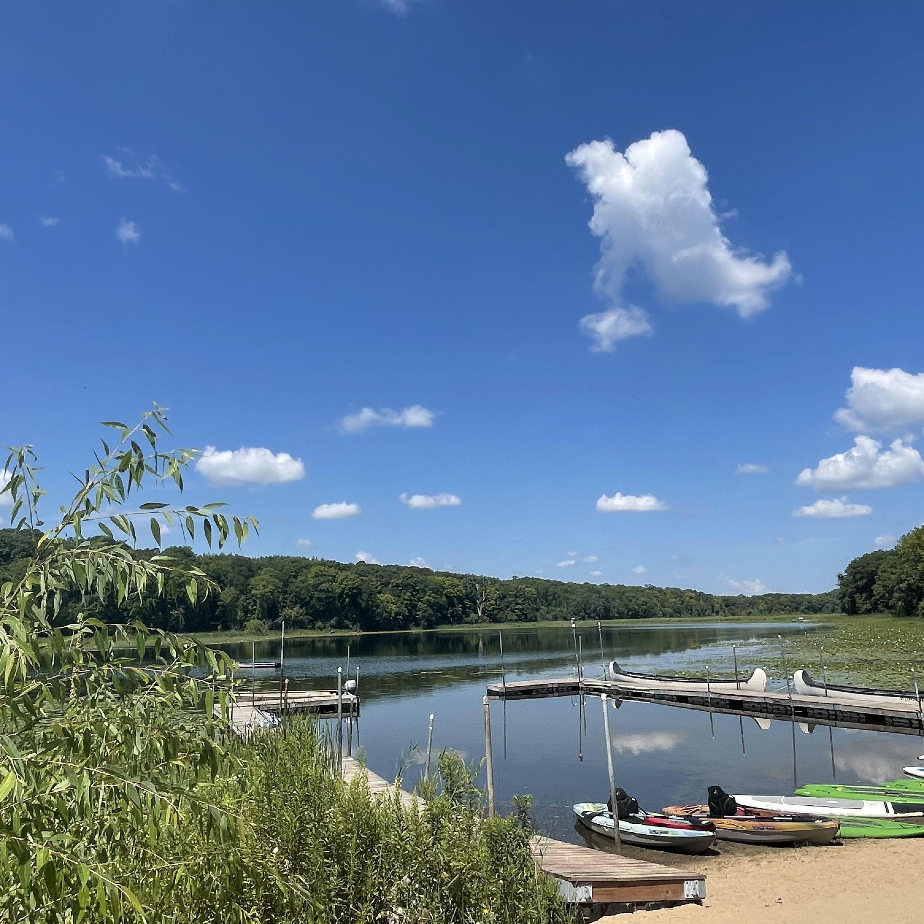 Beach and dock with boats.