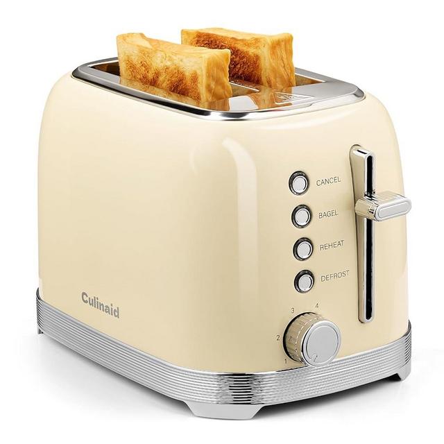 Culinaid Toaster 2 Slice Retro Stainless Steel with 1.5” Extra Wide Slots Bagel, Defrost, Reheat, Cancel Functions, 6 Bread Shade Settings, Removable Crumb Tray, Cream White