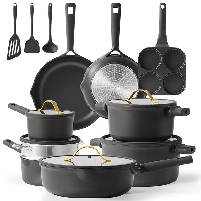 CAROTE 17pcs Pots and Pans Set Non Stick Dark Grey, Kitchen Cookware Set with Gold Trim, Premium Nonstick Pot and Pan, Induction Cookware