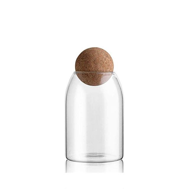 MOLADRI 800ML/27Oz Clear Glass Storage Canister Holder Ball Wood Cork Top, Modern Decorative Cylinder Container Jar with Round Lid for Sugar, Coffee, Spice, Candy, Salt, Cookie, Condiment, Pepper