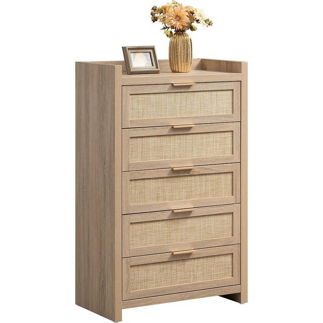 SICOTAS Dresser for Bedroom Chest of Drawers Tall Dresser with 5 Rattan Drawers Dresser for Closet Boho Clothes Storage Large Nightstand Sets for Living Room Hallway Nursery Entryway - Light Oak