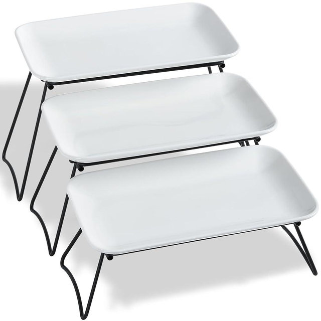 HAPPY KIT 3 Tier Serving Tray Set and Tiered Tray Stand,12 Inch Porcelain Platters with Collapsible Sturdier Rack,Decor Cupcake Stand for Party Display,Dessert Serving Trays