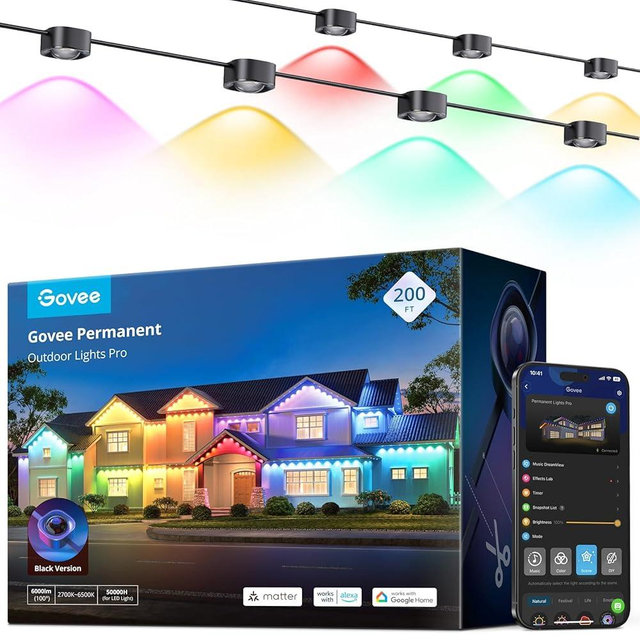 Govee Permanent Outdoor Lights Pro, 200ft with 120 RGBIC LED Lights for Daily and Accent Lighting, 75 Scene Modes for Outdoor Decor, IP67 Waterproof, Works with Alexa, Google Assistant, Matter, Black