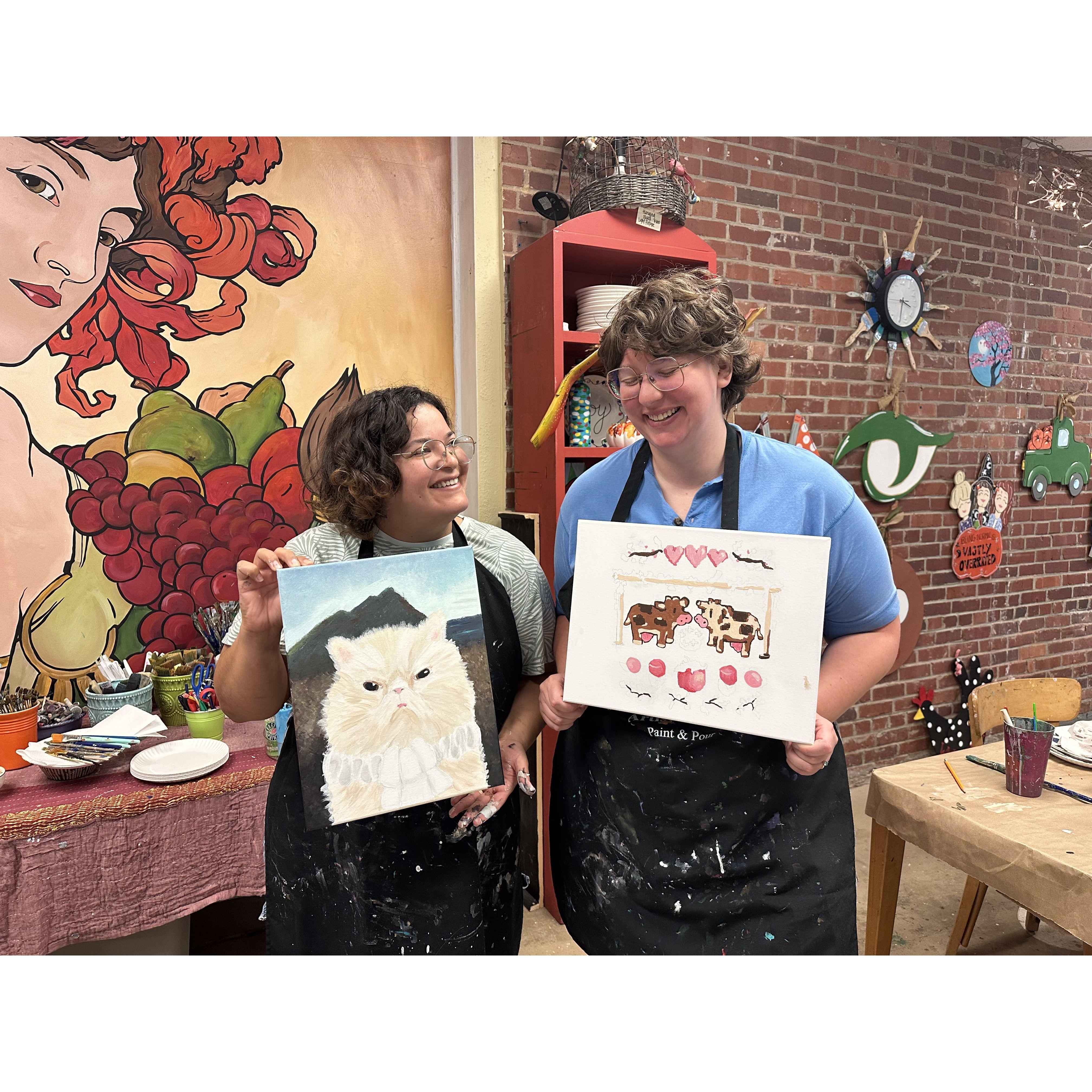 After Hurricane Helene devastated our new hometown, we were fortunate enough to stay with Aunt Julie. While there, we went to a little painting class.. only one of us finished, but both had fun!