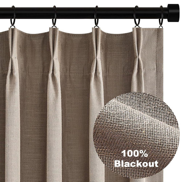 Topfinel Greige 90 Inches Long Blackout Natural Linen Curtains for Bedroom, Chocolate Brown Pinch Pleat Sound Blocking Curtains, Neutral Farmhouse Lined Drapes 2 Panels for Living Room Sliding Door