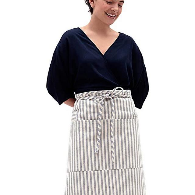MEEMA Bistro Apron Server Aprons | Striped Eco Friendly Upcycled Cotton and Denim Apron | Long Waist Apron with Pockets | Waitress Apron, Barista Apron, for Cooking, Crafts, Garden, Shop Work