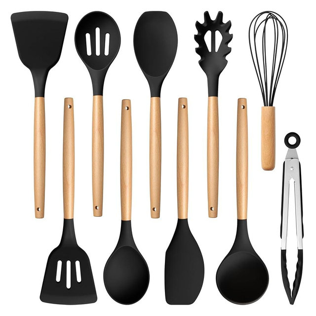 E-far Silicone Cooking Utensils Set, 10-Piece Black Kitchen Utensils Set with Wooden Handle for Nonstick Cookware, Heat Resistant Kitchen Nonstick Tools Spatula Whisk Tongs Ladle, Non-toxic & Healthy