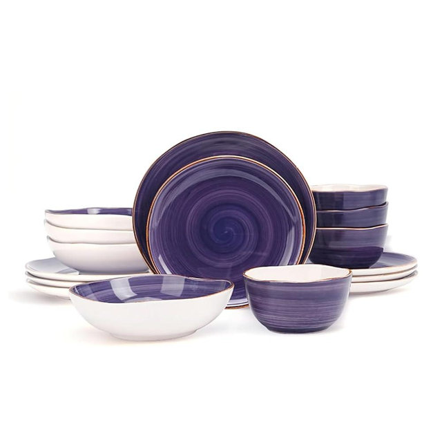 Home VSS Highland 16-Piece Dinnerware Set Service for 4, Organic Shape Stoneware Plates and Bowls Set, Scratch Resistant, Microwave and Dishwasher Safe, Speckled Effect Handcrafted, Swirl Purple
