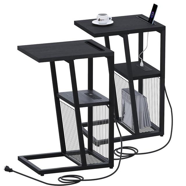 Heybly Side Table Set of 2, C Shaped Nightstand End Sofa Table with Charging Station for Small Spaces,Snack Couch Tables with Phone Holder, 2 USB Ports and Power Outlets HET001CB2
