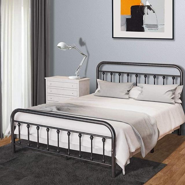 Metal Bed Frame Queen Size with Vintage Headboard and Footboard, Noillats Solid Sturdy Steel Slat Support Mattress Foundation, No Box Spring Needed and Easy Assembly