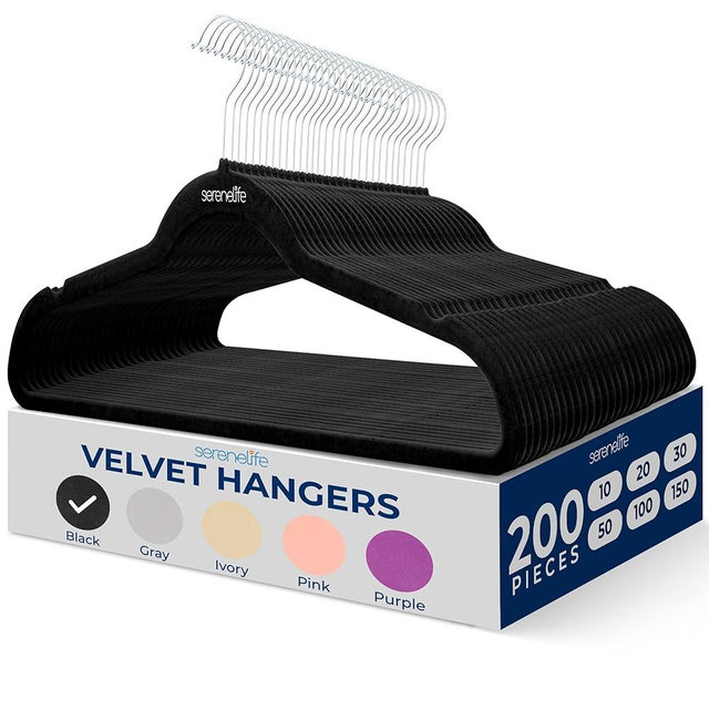 SereneLife 200 Pack Velvet Hangers - Non-Slip Felt Hangers with 360° Swivel Hook, Space-Saving, Ultra-Thin, Lightweight for Shirts, Sweaters, Hoodies, Kids Clothes & Dresses