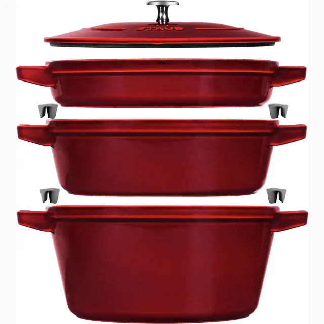 STAUB Cast Iron Set 4-pc, Stackable Space-Saving Cookware Set, Dutch Oven with Universal Lid, Made in France, Grenadine