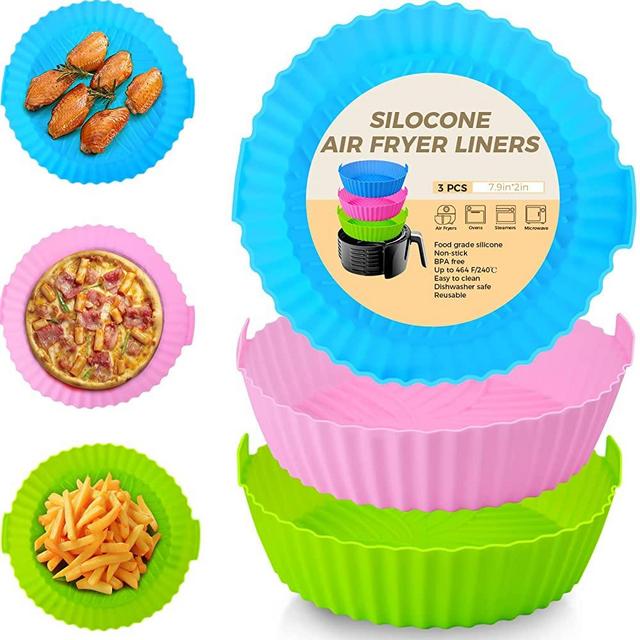 3Pcs Air Fryer Silicone Liners 8inch Air Fryer Silicone Pot Reusable Food Grade Silicone Air Fryer Baking Tray Basket Accessories Replacement of Flammable Disposable Parchment Paper Fit 3-7QT Airfryer