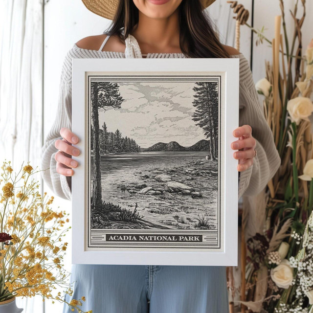 Acadia National Park Jordan Pond Lithograph Style Print - Vintage Maine New England archival matte fine art print. Mount Desert Island gift.