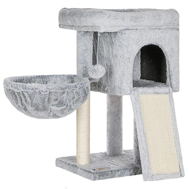 FEANDREA Cat Tree, Small Cat Condo with Padded Perch, Basket, Cat Activity Center with Large Scratching Board, Cat Cave