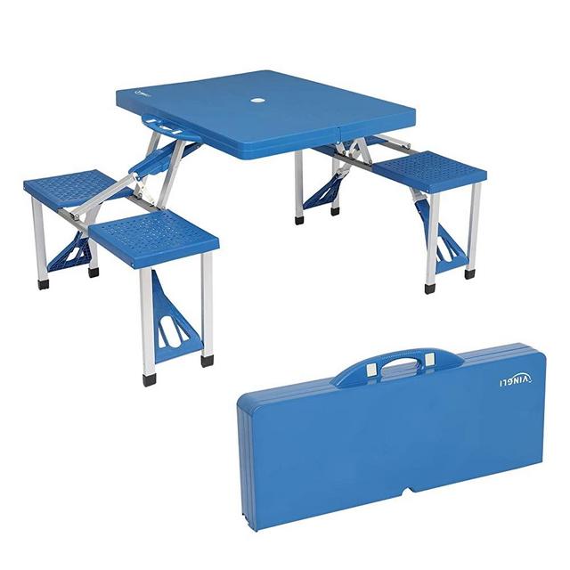 VINGLI Folding Camping Picnic Table Set with 4 Seats with Patio Umbrella Hole, Portable Table Aluminum Alloy Frame, Plastic Tabletop with Handle for Barbecue,Travel,Outing,Gathering