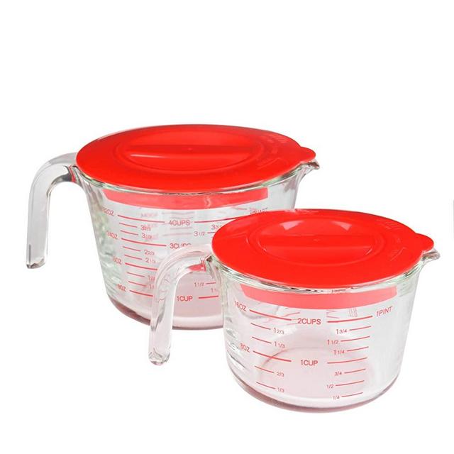 Doonmi- 2 Pack Premium Glass Measuring Cup with Red Lid（2 Cup, 4 Cup), Microwave, Oven, Dishwasher, Freezer Safe.