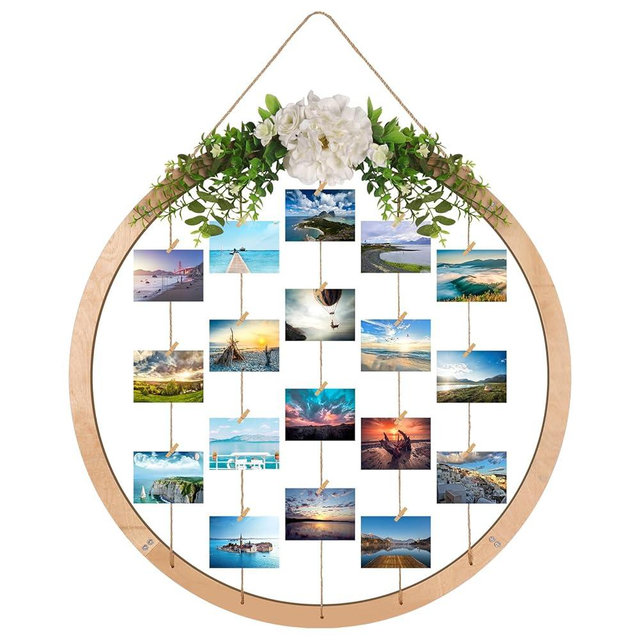 Super Holiday Large Round Wooden Multi Picture Frames - 60CM/23.62" Artificial Flower/Eucalyptus Hanging Display Board Photo Frames Collage Wall Decor, for Spring Mother's Day Grandma Christmas