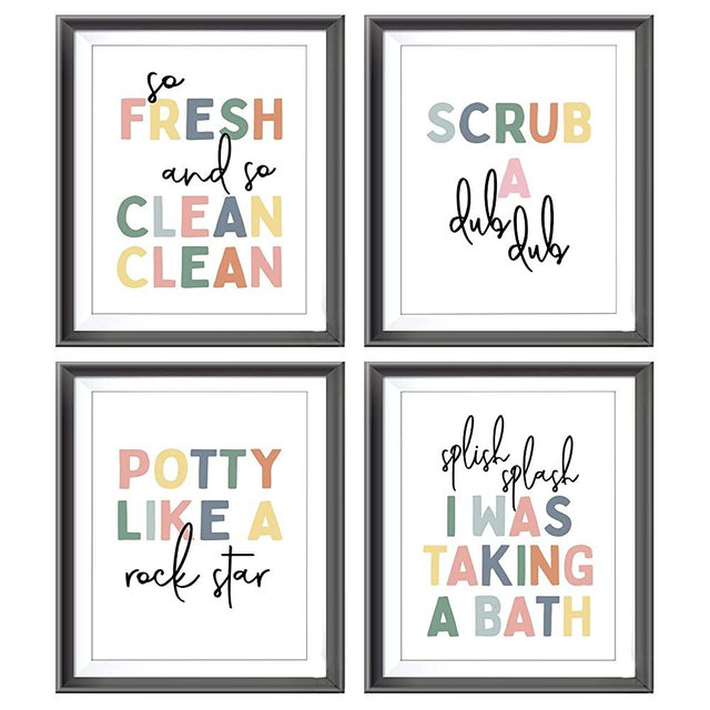 So Fresh and Clean Colorful Bathroom Art Poster Prints for Home Kid Washroom Restroom Nursery Toilet Laundry Decor,Funny Bathroom Rules Word Art Decorations Prints Wall Art Unframed 4pcs 8x10inches