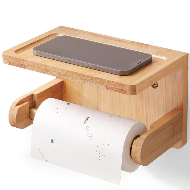 VERTORGAN Toilet Paper Holder with Phone Shelf,Bamboo Wall Mounted Tissue Roll Holder for Bathroom (Natural)